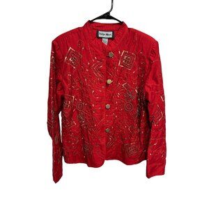 Indigo Moon  Embellished Button Up Jacket Sz Large Beaded Sequin Holiday Artsy